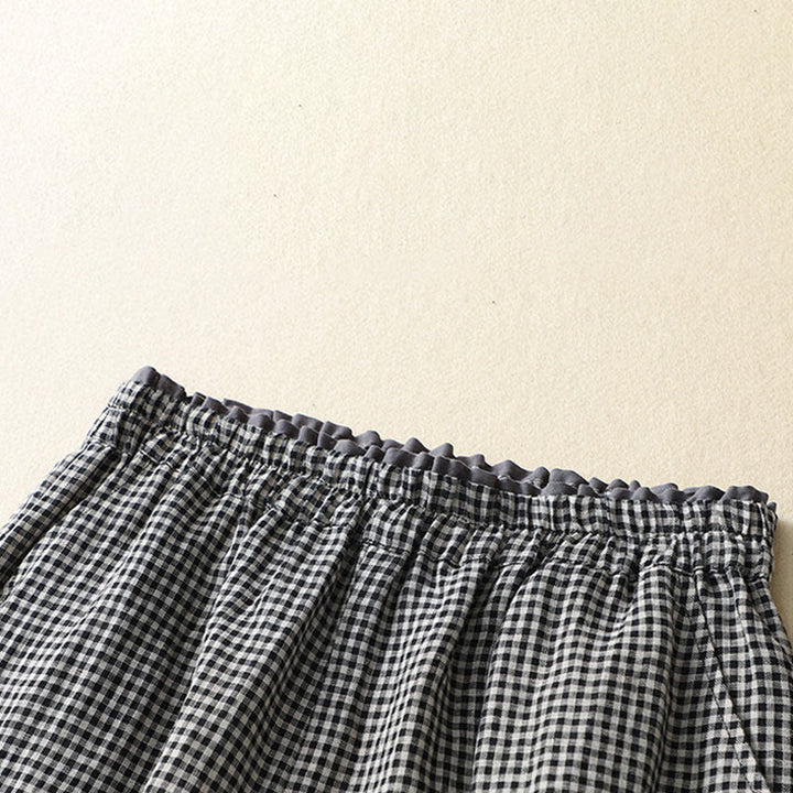 Buddha Stones Commute Casual Checkered Pattern 7-8 Length Women's Wide Leg Cotton Linen Pants With Pockets