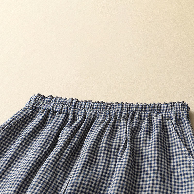 Buddha Stones Commute Casual Checkered Pattern 7-8 Length Women's Wide Leg Cotton Linen Pants With Pockets