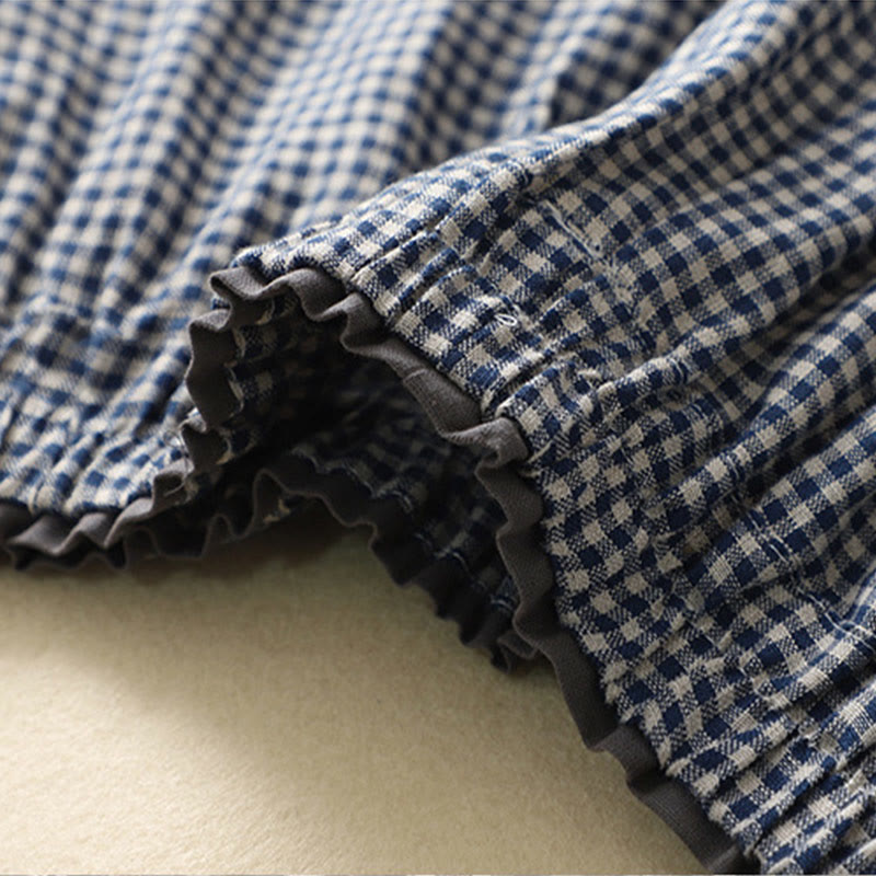 Buddha Stones Commute Casual Checkered Pattern 7-8 Length Women's Wide Leg Cotton Linen Pants With Pockets