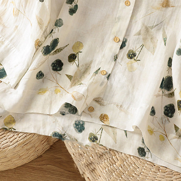 Buddha Stones Plant Printed V-neck Button Design Women's Polyester Three Quarter Sleeve Shirt Cardigan - image 5