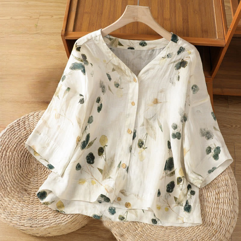 Buddha Stones Plant Printed V-neck Button Design Women's Polyester Three Quarter Sleeve Shirt Cardigan - Ivory - US14，UK/AU18，EU46 (2XL) - image 0