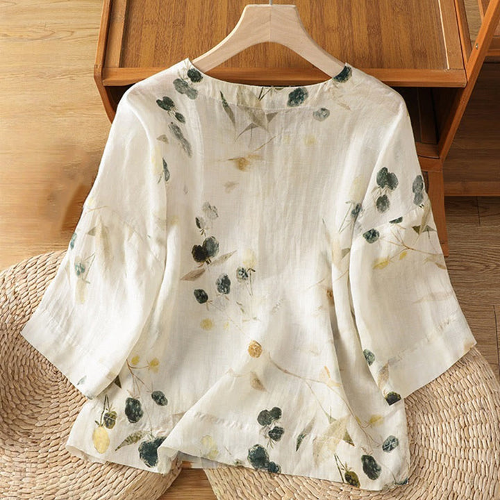 Buddha Stones Plant Printed V-neck Button Design Women's Polyester Three Quarter Sleeve Shirt Cardigan - image 1