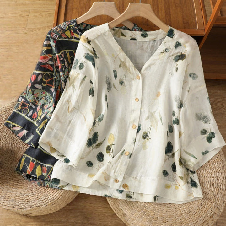 Buddha Stones Plant Printed V-neck Button Design Women's Polyester Three Quarter Sleeve Shirt Cardigan - image 16