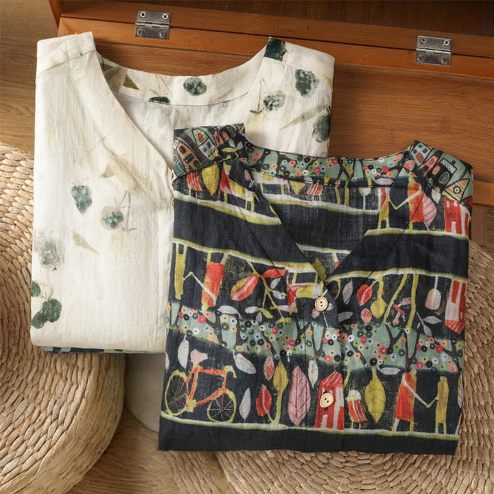 Buddha Stones Plant Printed V-neck Button Design Women's Polyester Three Quarter Sleeve Shirt Cardigan - image 17