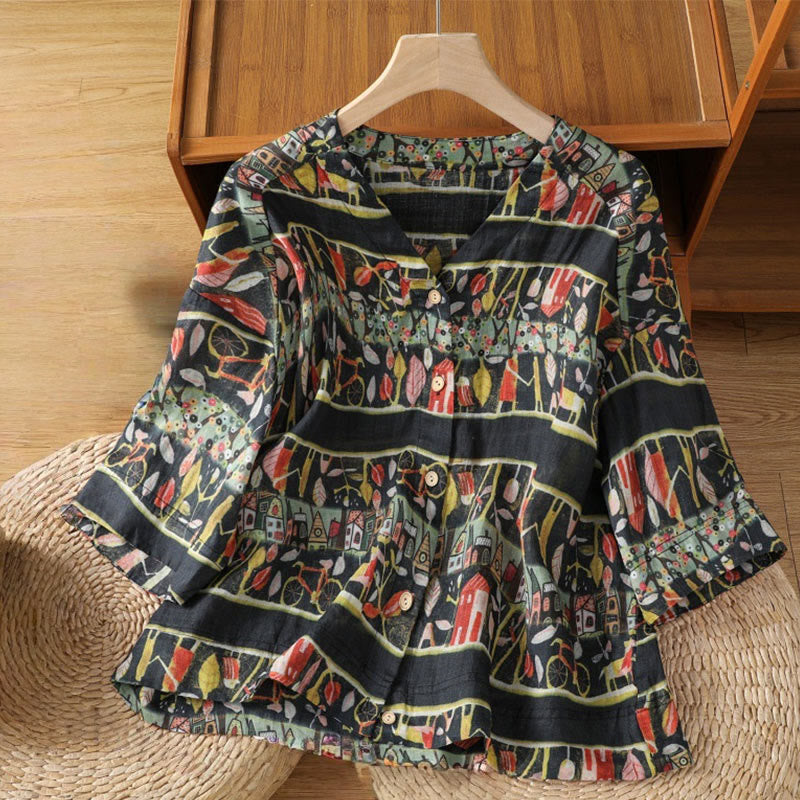 Buddha Stones Plant Printed V-neck Button Design Women's Polyester Three Quarter Sleeve Shirt - Black - US14，UK/AU18，EU46 (2XL) - image 9