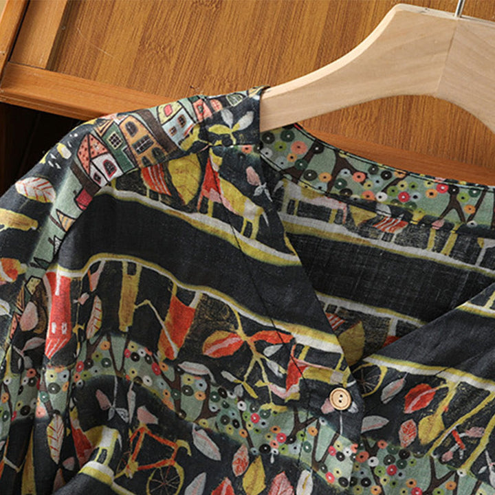 Buddha Stones Plant Printed V-neck Button Design Women's Polyester Three Quarter Sleeve Shirt Cardigan - image 13