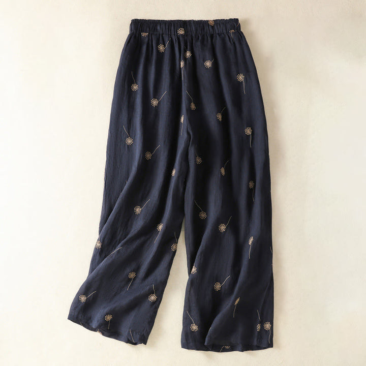 Buddha Stones MidnightBlue Commute Casual Dandelion Pattern Women's Wide Leg Cotton Linen Pants