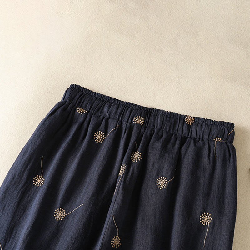 Buddha Stones MidnightBlue Commute Casual Dandelion Pattern Women's Wide Leg Cotton Linen Pants - image 5
