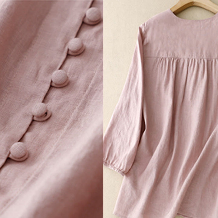 Buddha Stones V-Neck Design Women's Cotton Linen Long Sleeve Shirt - image 5