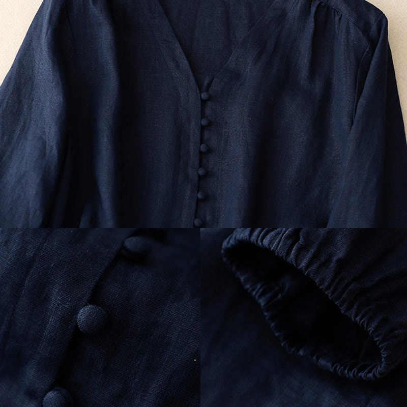 Buddha Stones V-Neck Design Women's Cotton Linen Long Sleeve Shirt - image 12