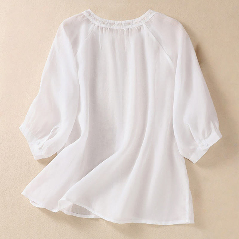 Buddha Stones Embroiderd Design Women's Cotton Linen Three Quarter Sleeve Shirt  - image 8