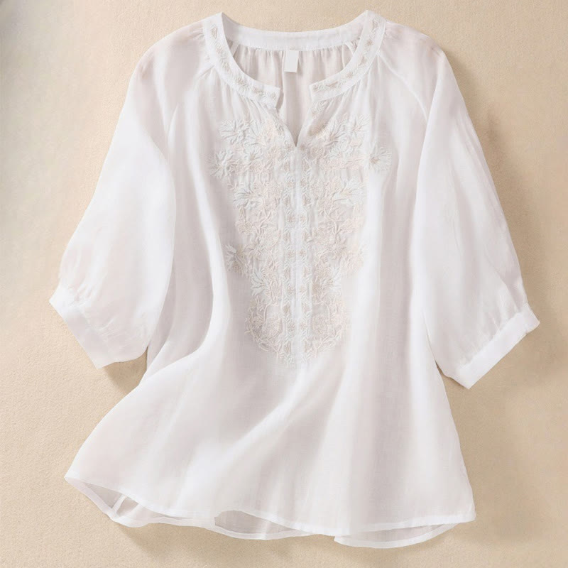 Buddha Stones Embroiderd Design Women's Cotton Linen Three Quarter Sleeve Shirt  - Snow - US8-10，UK/AU12-14，EU40-42 (2XL) - image 7