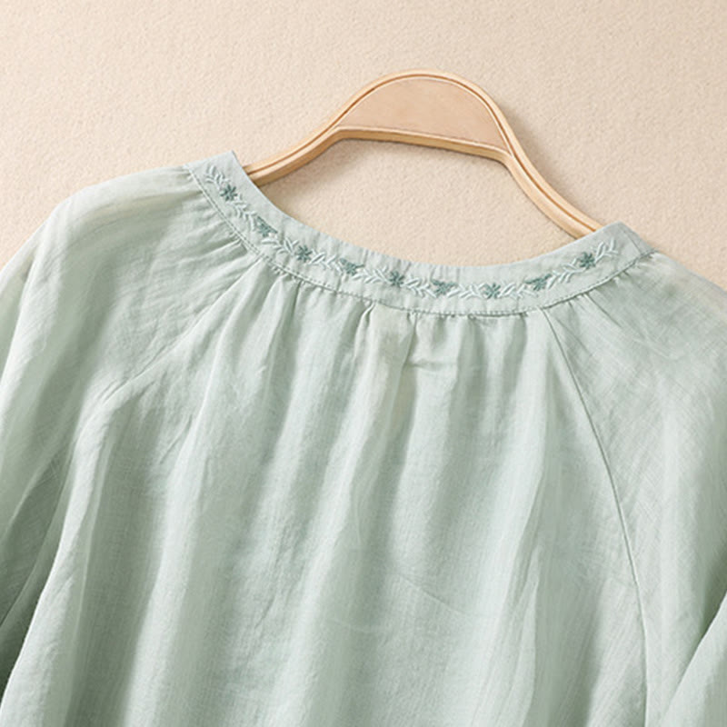 Buddha Stones Embroiderd Design Women's Cotton Linen Three Quarter Sleeve Shirt  - image 18