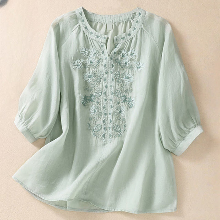 Buddha Stones Embroiderd Design Women's Cotton Linen Three Quarter Sleeve Shirt  - PaleTurquoise - US8-10，UK/AU12-14，EU40-42 (2XL) - image 16