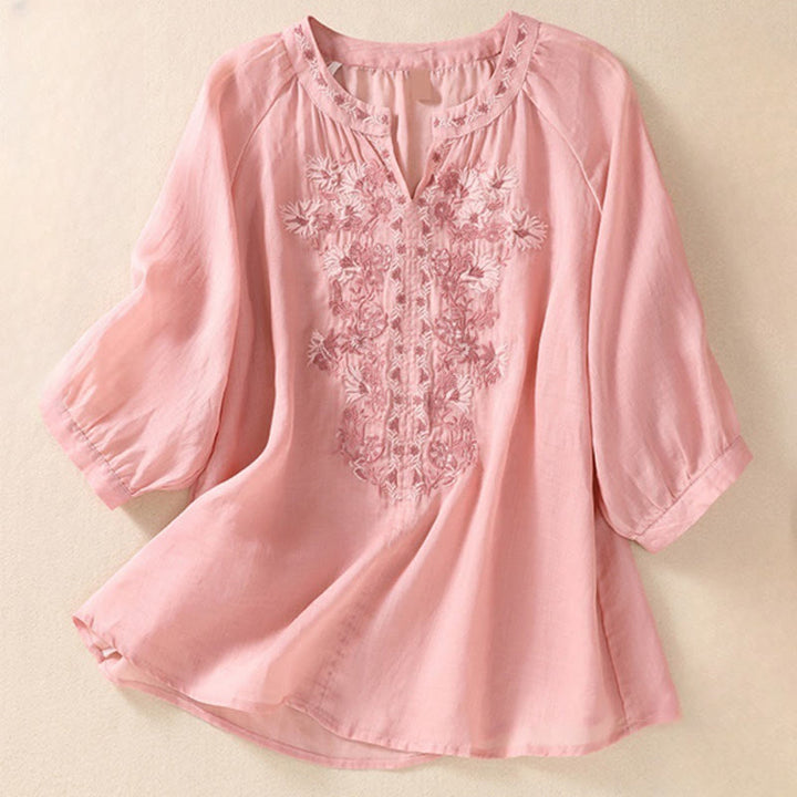 Buddha Stones Embroiderd Design Women's Cotton Linen Three Quarter Sleeve Shirt  - Pink - US8-10，UK/AU12-14，EU40-42 (2XL) - image 24