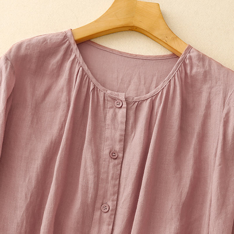 Buddha Stones Plain Button Crew Neck Design Women's  blend Three Quarter Sleeve Shirt - image 7