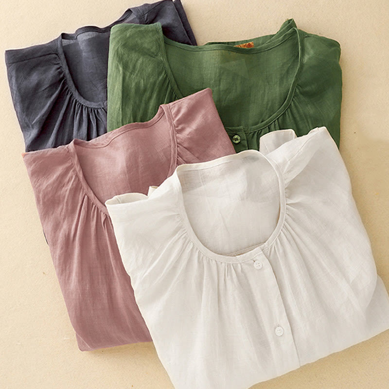 Buddha Stones Plain Button Crew Neck Design Women's Cotton blend Three Quarter Sleeve Shirt - image 27