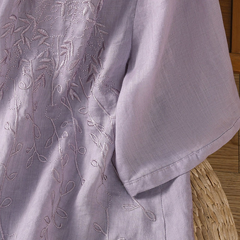 Buddha Stones Embroiderd Front Button Stand Collar Design Women's Cotton Short Sleeve Shirt  - image 5