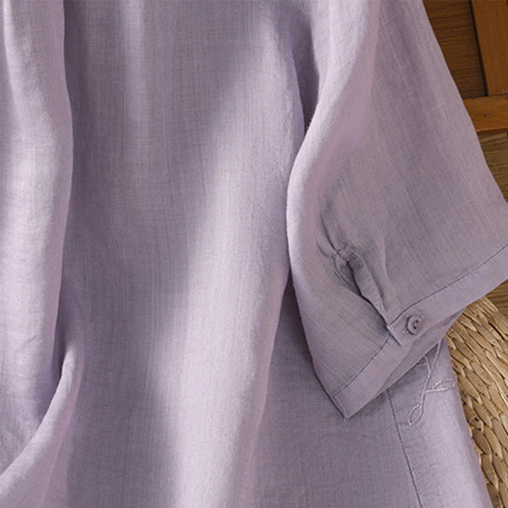 Buddha Stones Embroiderd Front Button Stand Collar Design Women's Cotton Short Sleeve Shirt  - image 4