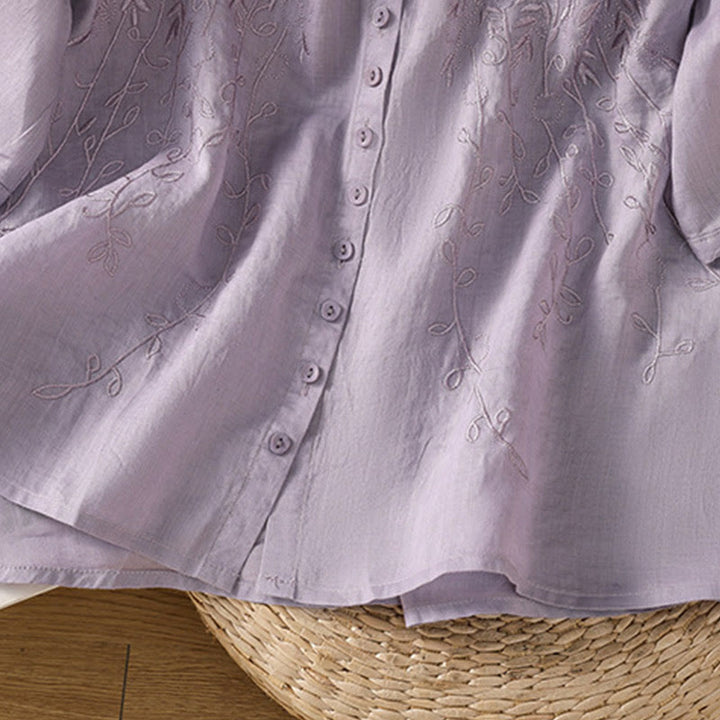 Buddha Stones Embroiderd Front Button Stand Collar Design Women's Cotton Short Sleeve Shirt  - image 6