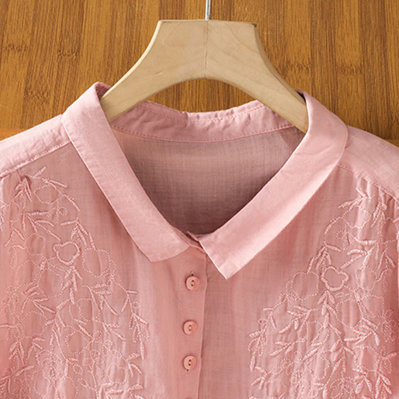 Buddha Stones Embroiderd Front Button Stand Collar Design Women's Cotton Short Sleeve Shirt  - image 9