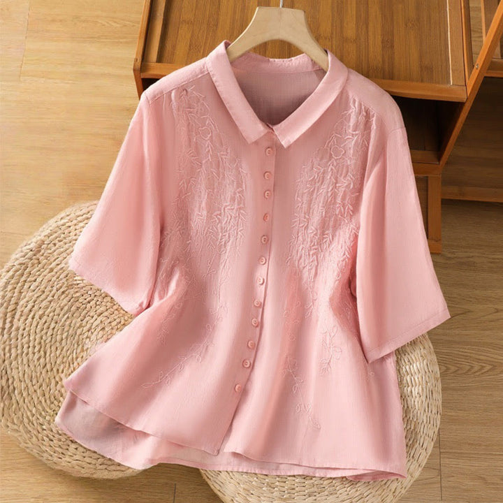Buddha Stones Embroiderd Front Button Stand Collar Design Women's Cotton Short Sleeve Shirt  - Pink - US8-10，UK/AU12-14，EU40-42 (2XL) - image 7