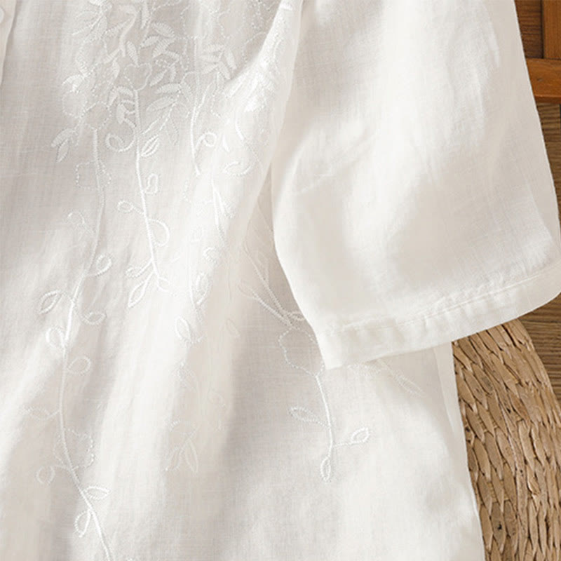 Buddha Stones Embroiderd Front Button Stand Collar Design Women's Cotton Short Sleeve Shirt  - image 21