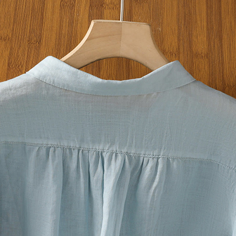 Buddha Stones Embroiderd Front Button Stand Collar Design Women's Cotton Short Sleeve Shirt  - image 26