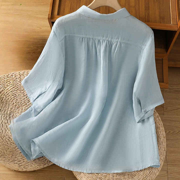 Buddha Stones Embroiderd Front Button Stand Collar Design Women's Cotton Short Sleeve Shirt  - image 24