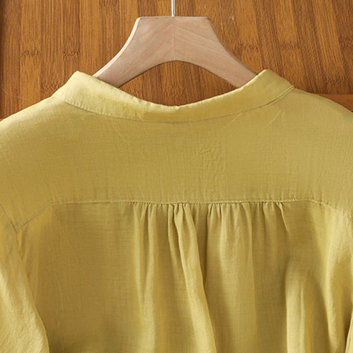 Buddha Stones Embroiderd Front Button Stand Collar Design Women's Cotton Short Sleeve Shirt  - image 34