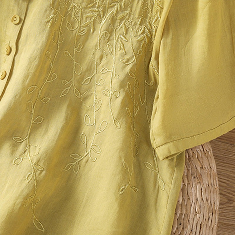 Buddha Stones Embroiderd Front Button Stand Collar Design Women's Cotton Short Sleeve Shirt  - image 37