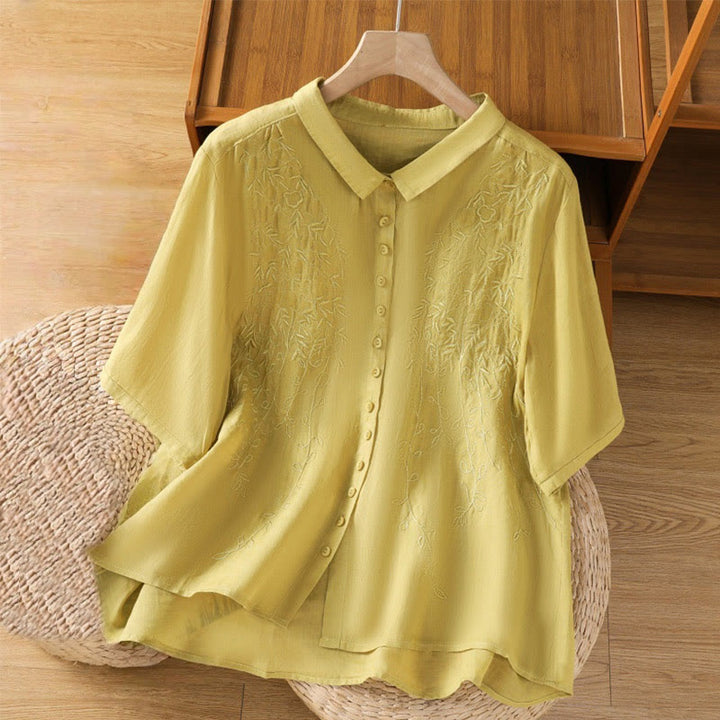 Buddha Stones Embroiderd Front Button Stand Collar Design Women's Cotton Short Sleeve Shirt  - Khaki - US8-10，UK/AU12-14，EU40-42 (2XL) - image 31