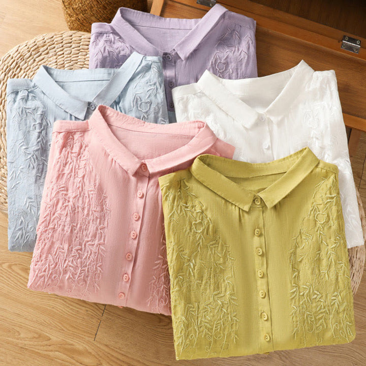 Buddha Stones Embroiderd Front Button Stand Collar Design Women's Cotton Short Sleeve Shirt  - image 39