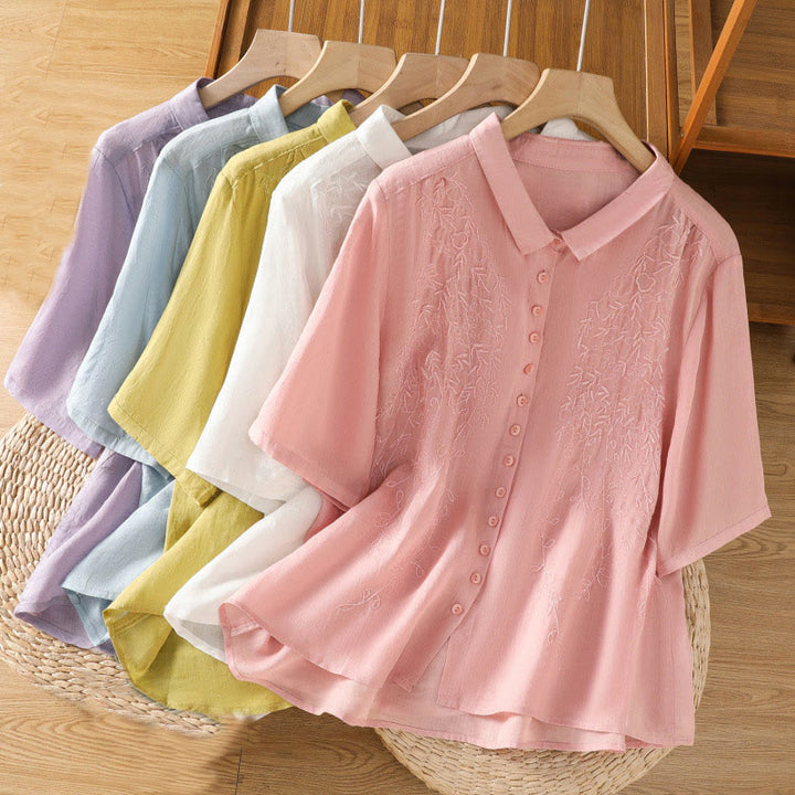 Buddha Stones Embroiderd Front Button Stand Collar Design Women's Cotton Short Sleeve Shirt  - image 40