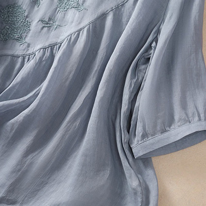 Buddha Stones Embroiderd Flower Crew Neck Design Women's Cotton Linen Half Sleeve Shirt  - image 5