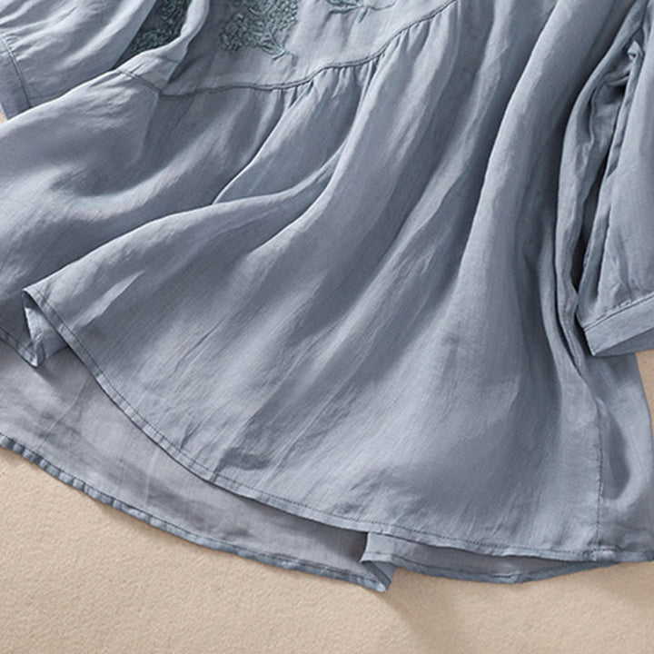 Buddha Stones Embroiderd Flower Crew Neck Design Women's Cotton Linen Half Sleeve Shirt  - image 4