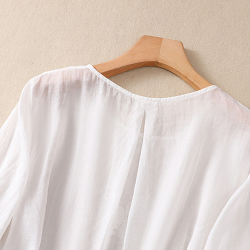 Buddha Stones Embroiderd Flower Crew Neck Design Women's Cotton Linen Half Sleeve Shirt  - image 10