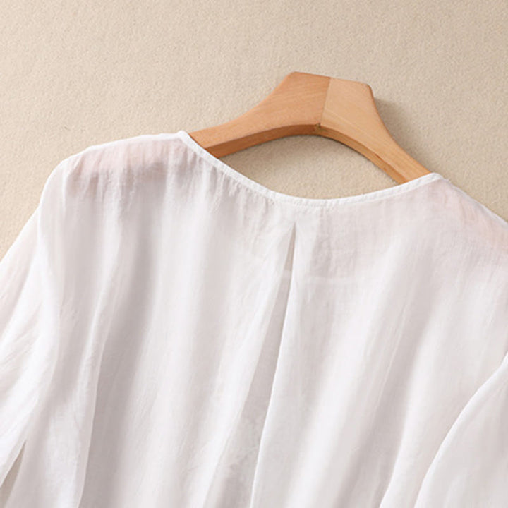 Buddha Stones Embroiderd Flower Crew Neck Design Women's Cotton Linen Half Sleeve Shirt  - image 10