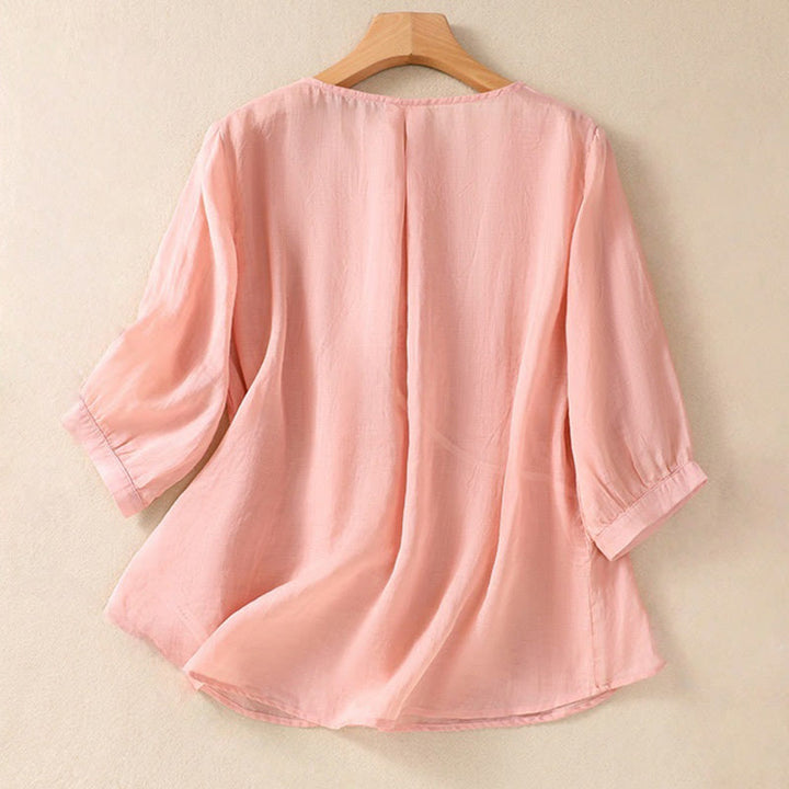 Buddha Stones Embroiderd Flower Crew Neck Design Women's Cotton Linen Half Sleeve Shirt  - image 15