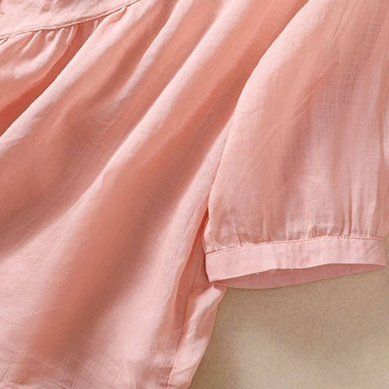 Buddha Stones Embroiderd Flower Crew Neck Design Women's Cotton Linen Half Sleeve Shirt  - image 21