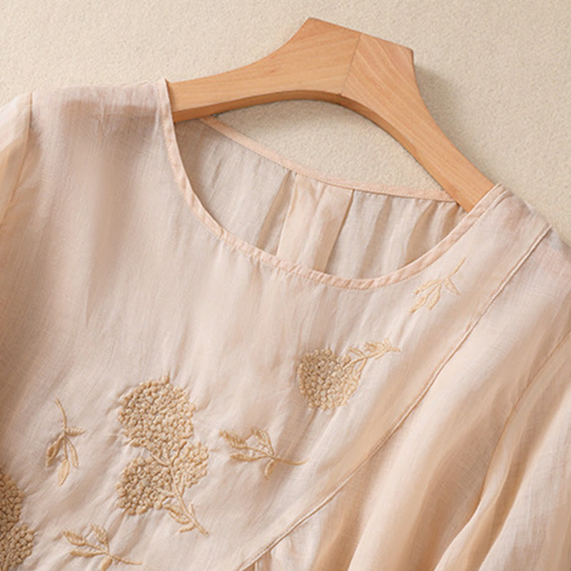 Buddha Stones Embroiderd Flower Crew Neck Design Women's Cotton Linen Half Sleeve Shirt  - image 24