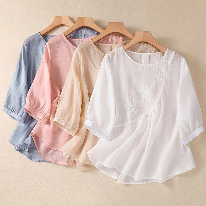 Buddha Stones Embroiderd Flower Crew Neck Design Women's Cotton Linen Half Sleeve Shirt  - image 28