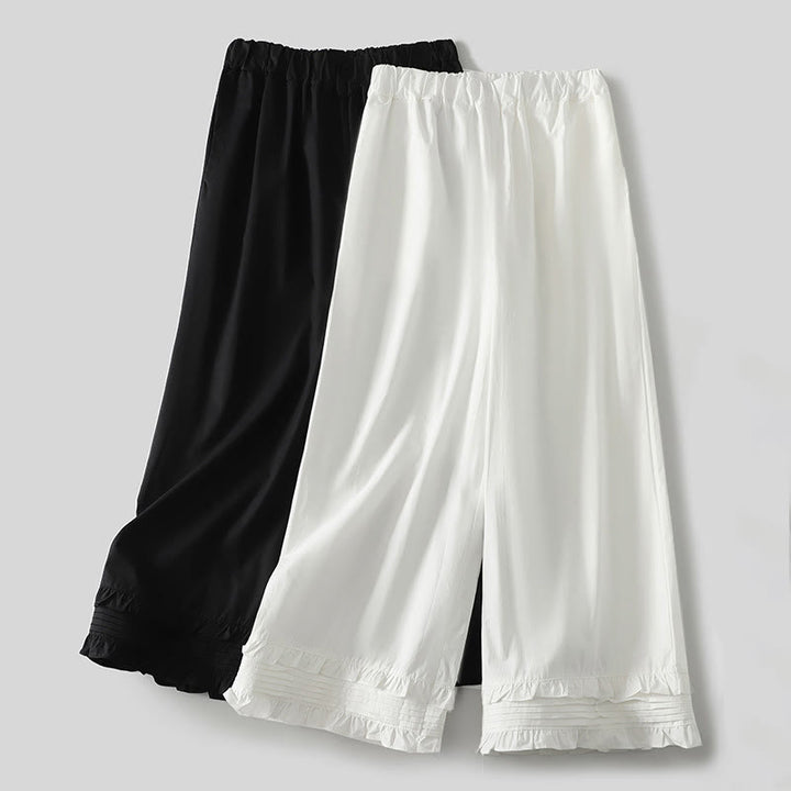 Buddha Stones Artistic Commute Pure Color Ruffled Hem Design Women's Cotton Linen Pants With Pockets - image 13