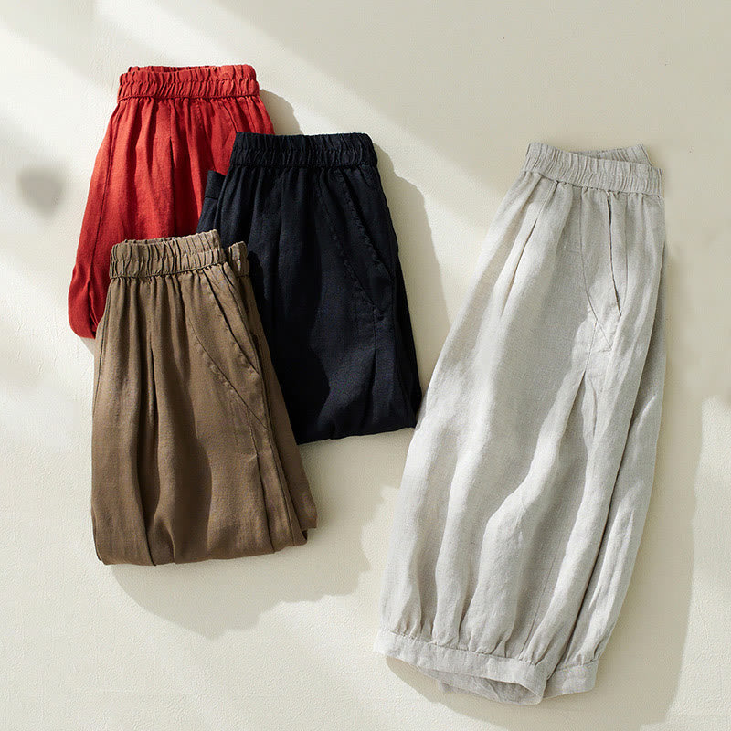 Buddha Stones Commute Pure Color High Waist Women's Cotton Linen Harem Cropped Pants With Pockets