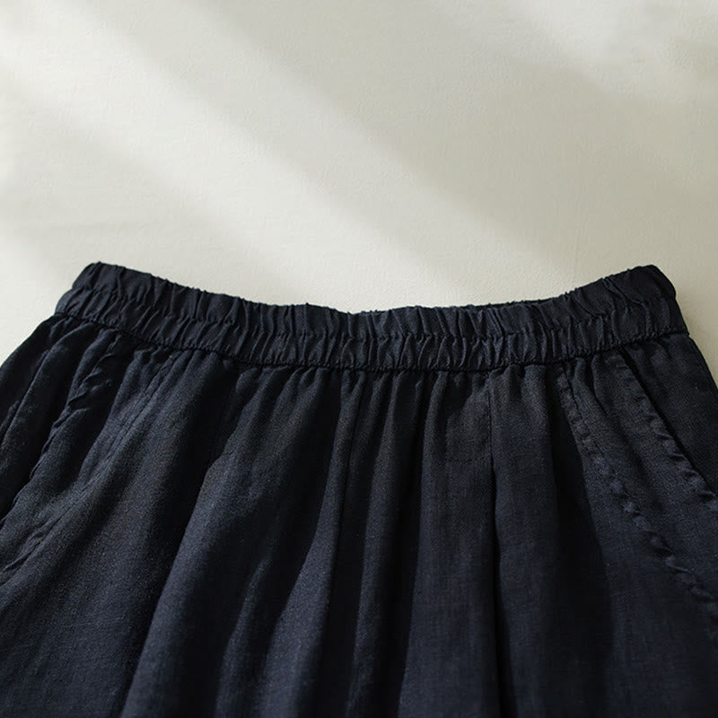 Buddha Stones Commute Pure Color High Waist Women's Cotton Linen Harem Cropped Pants With Pockets