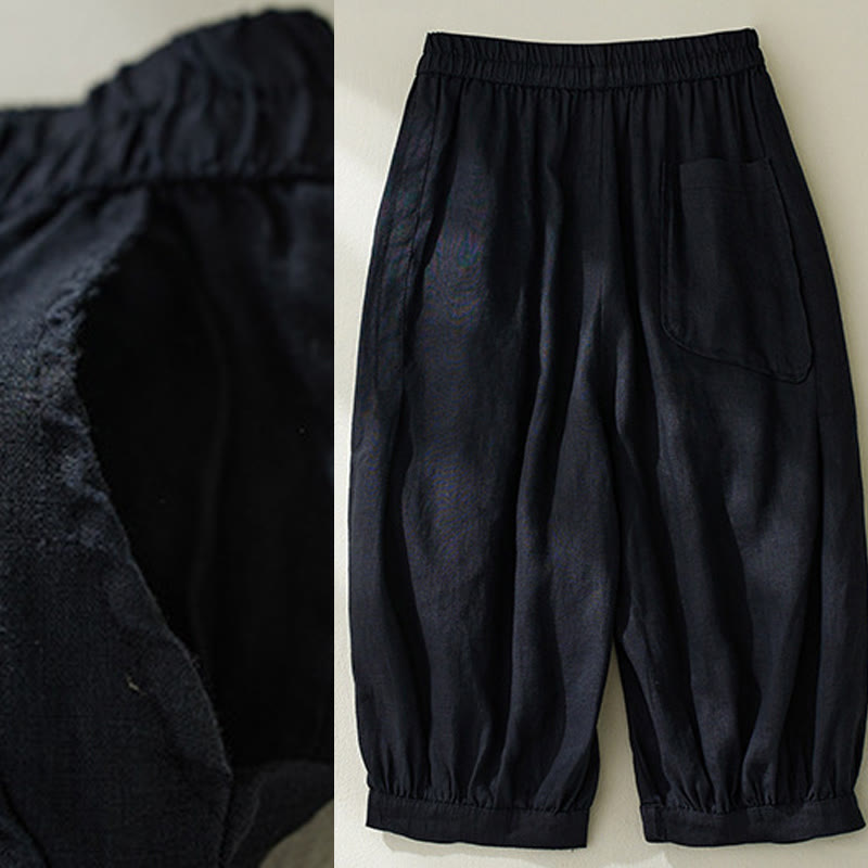 Buddha Stones Commute Pure Color High Waist Women's Cotton Linen Harem Cropped Pants With Pockets