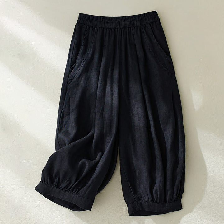 Buddha Stones Commute Pure Color High Waist Women's Cotton Linen Harem Cropped Pants With Pockets