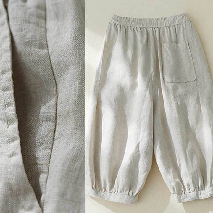 Buddha Stones Commute Pure Color High Waist Women's Cotton Linen Harem Cropped Pants With Pockets
