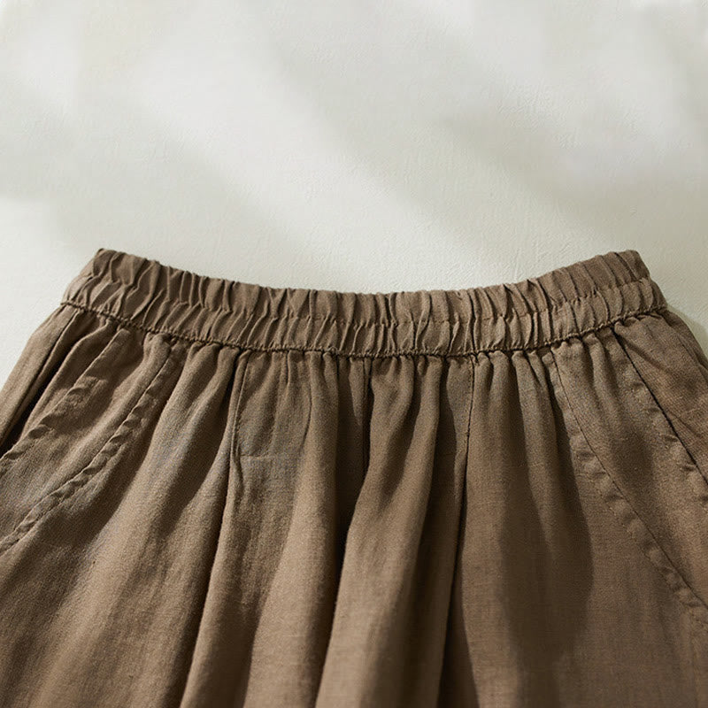Buddha Stones Commute Pure Color High Waist Women's Cotton Linen Harem Cropped Pants With Pockets