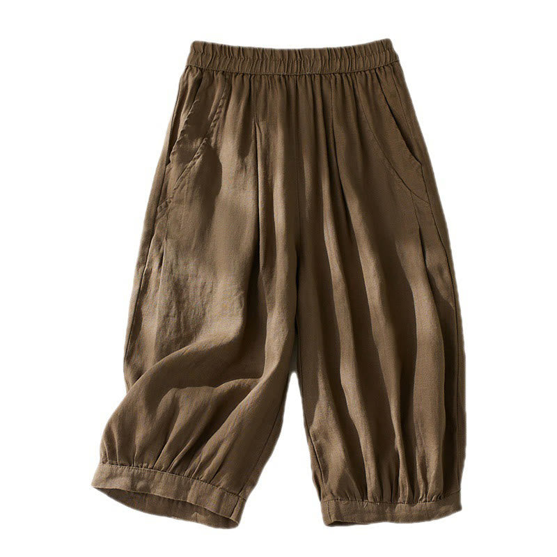Buddha Stones Commute Pure Color High Waist Women's Cotton Linen Harem Cropped Pants With Pockets